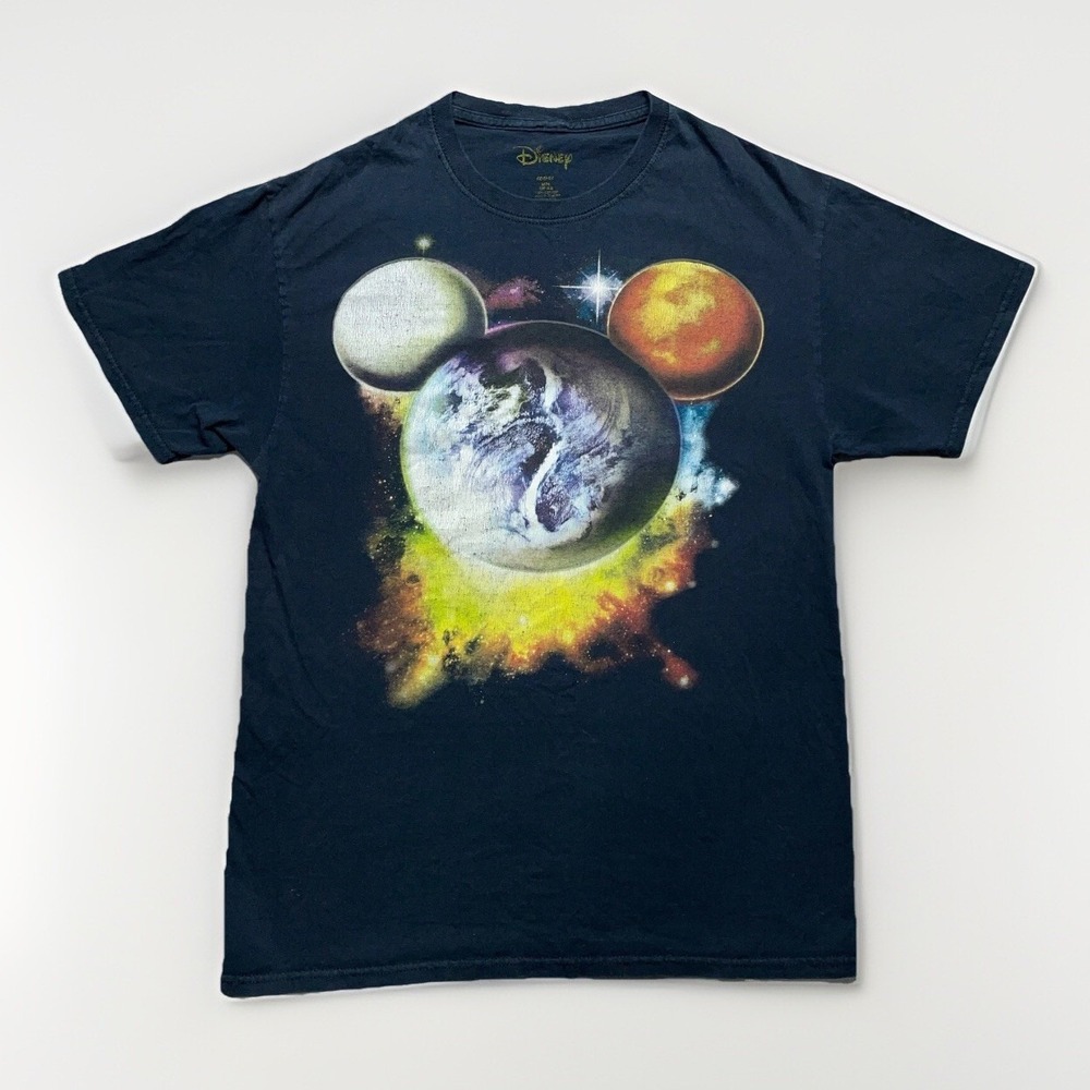 Disney Mickey Mouse Planets T-Shirt Men's Medium Black Graphic Short Sleeve Y2K